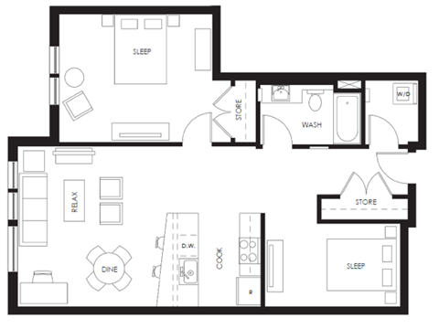 Floor plan for 1 bed, 1 bath, 925 sqft